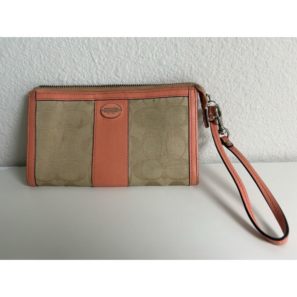 Coach Signature C Jacquard Wristlet Wallet Khaki Coral Leather Zip Clutch